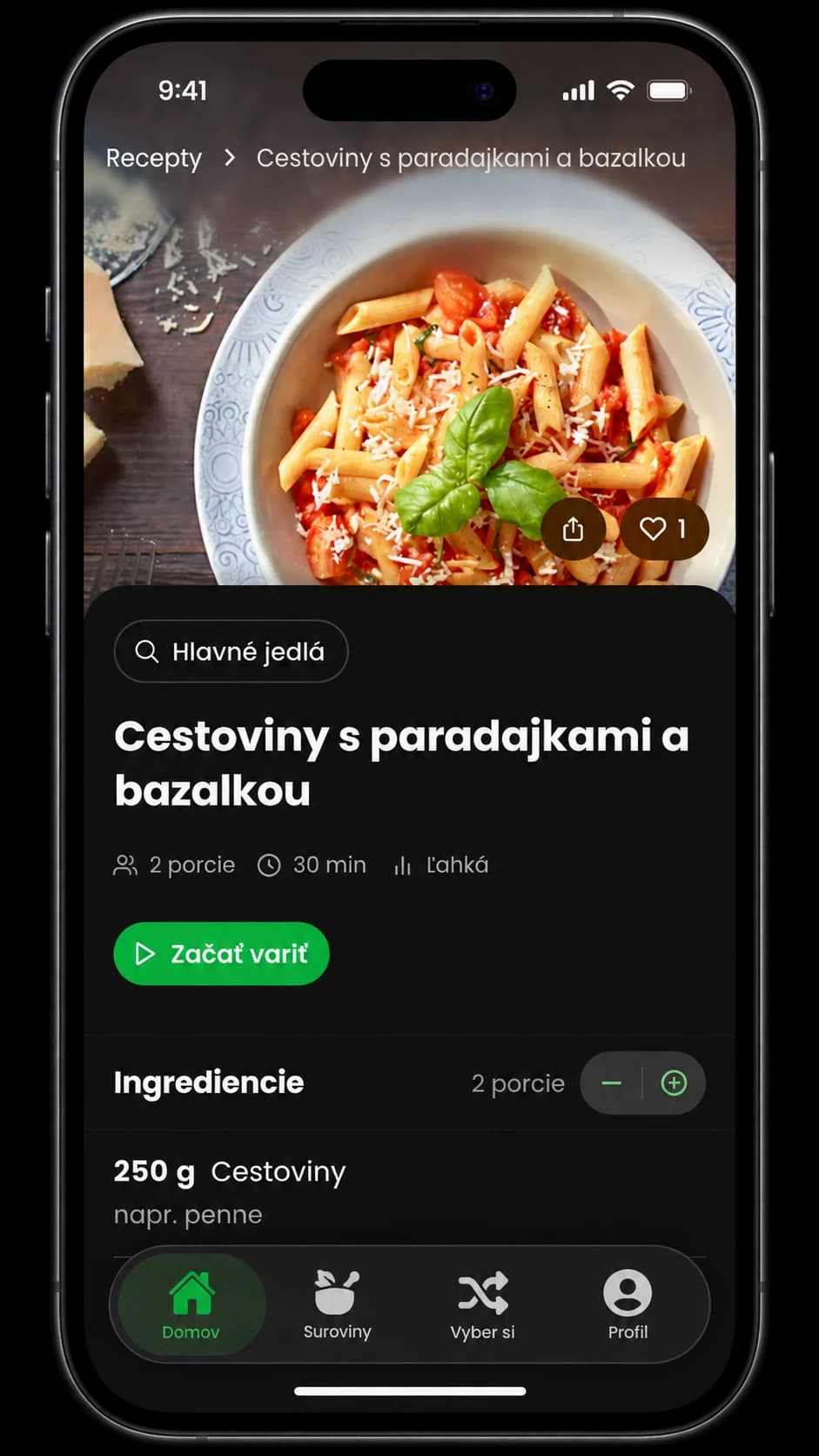 Tmavý režim detailu receptu na mobile